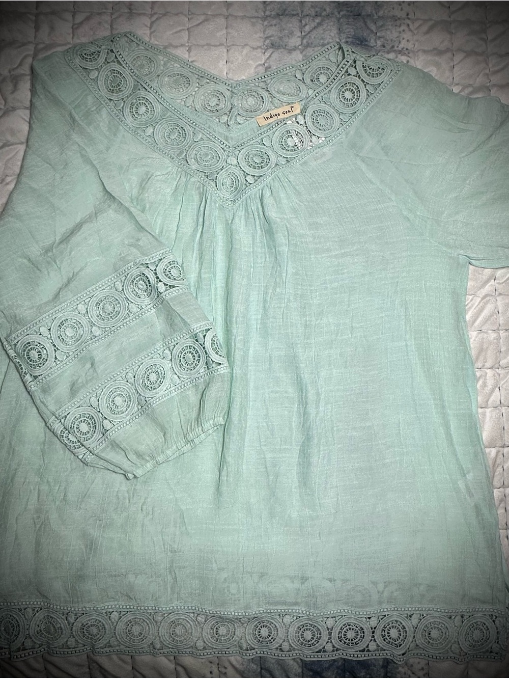 indigo soul Mint Green Crochet Yoke Peasant Tunic